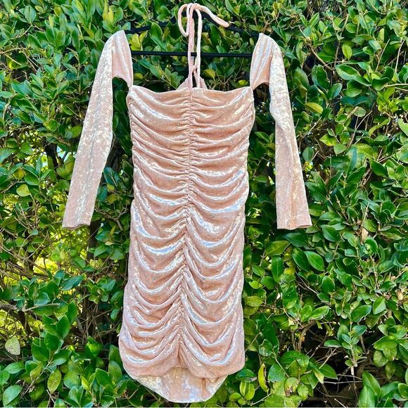 H:OURS Lyka Mini Dress in Light Tan Velvet Rhinestones Size Medium fits S NWT - Picture 5 of 8